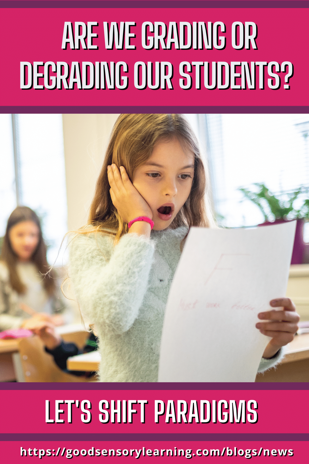 Elementary-aged student in a classroom holding a graded paper with a surprised expression, beneath a headline questioning whether grading is harming students.