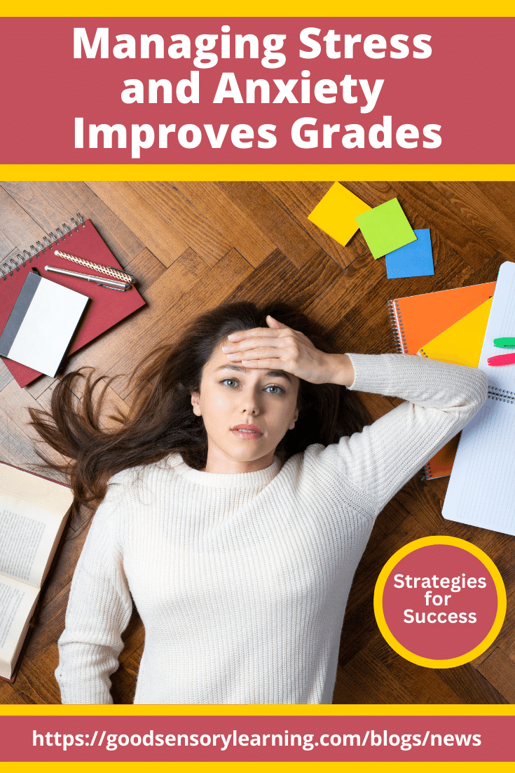 Managing stress and anxiety to improve grades, featuring a student overwhelmed by schoolwork.