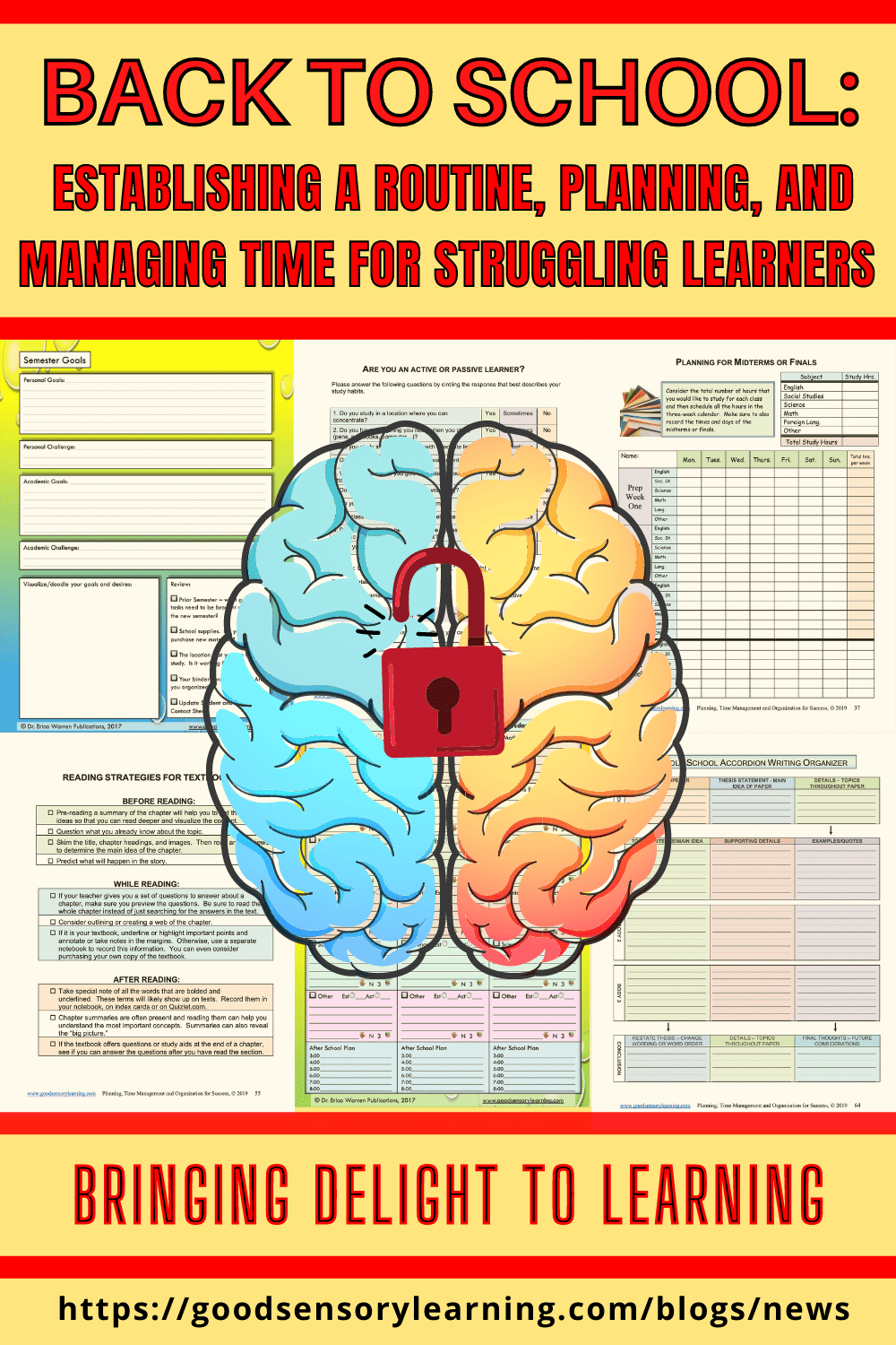 Graphic showing a split-color brain with a lock at the center, overlaid on planning and time-management worksheets, with text about back-to-school routines for struggling learners.