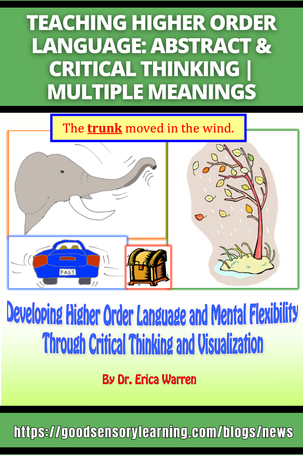 Educational graphic teaching higher-order language and critical thinking, illustrating multiple meanings of words through visual examples to build mental flexibility and abstract language skills.