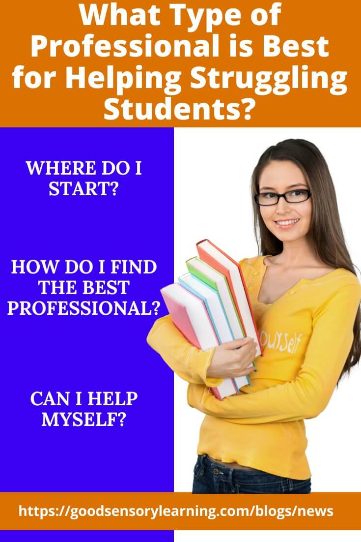 Young woman holding a stack of books and smiling, beside text asking what type of professional is best for helping struggling students.