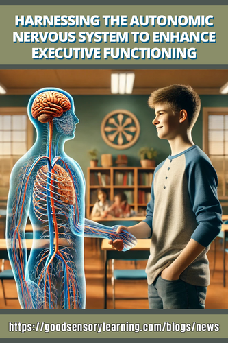 Illustration of a student interacting with a visual representation of the autonomic nervous system to demonstrate how brain-body regulation supports executive functioning, focus, and emotional control