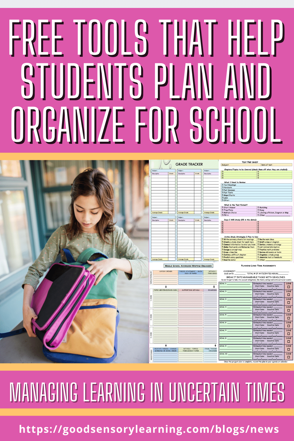 Student organizing a school backpack alongside printable planning and organization tools, highlighting free resources that help students plan, track assignments, and manage learning effectively