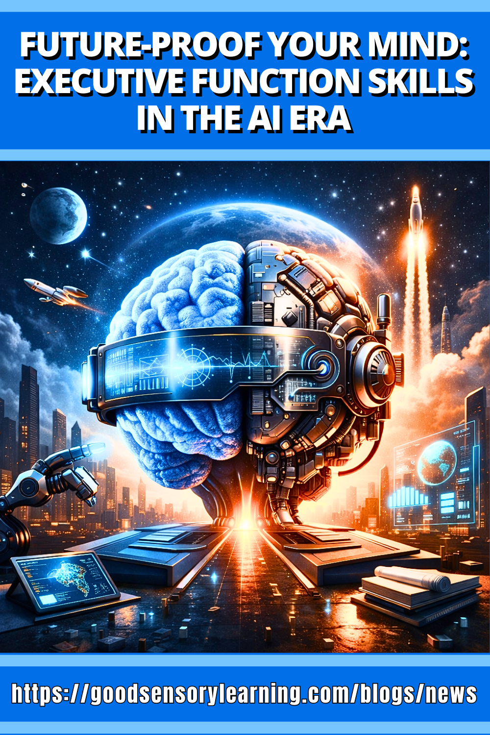 Futuristic illustration of a human brain merging with AI technology, symbolizing executive function skills and preparing the mind for the future of learning and work in the AI era