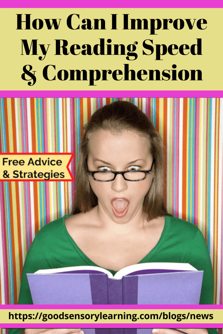 Reading speed and comprehension strategies graphic showing a student reading a book with surprise, promoting free advice and tips to improve reading fluency and understanding.