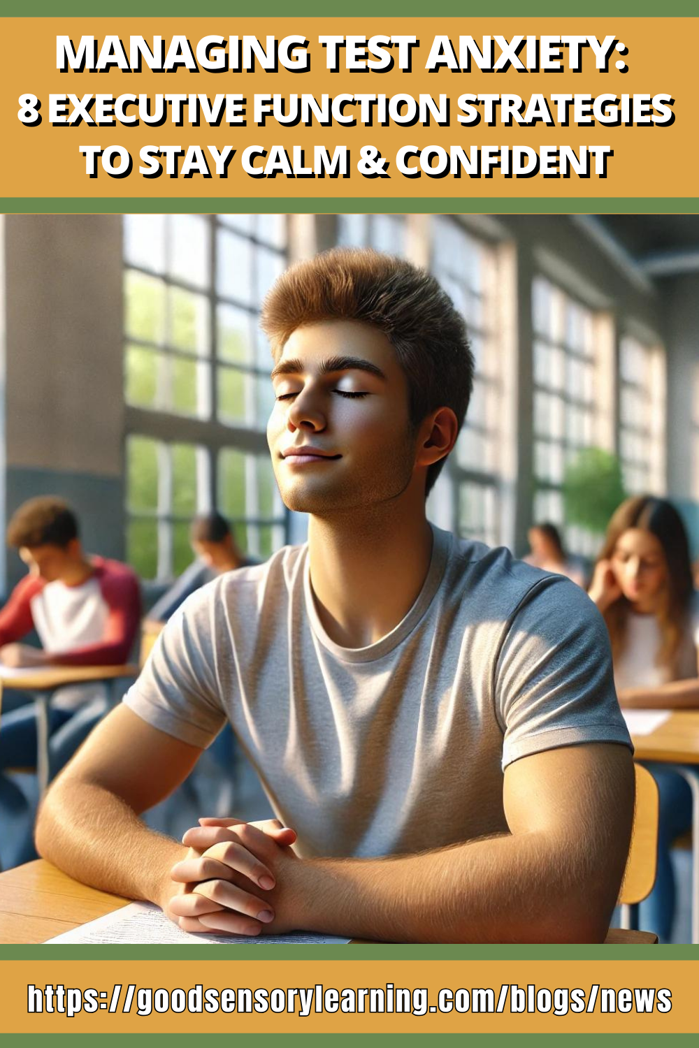 Managing test anxiety with executive function strategies, featuring a student practicing calm breathing during a test.