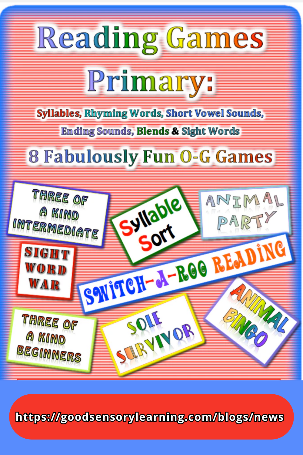 Reading Games Primary bundle featuring Orton-Gillingham phonics games for early readers, including syllables, rhyming words, short vowels, blends, ending sounds, and sight words.