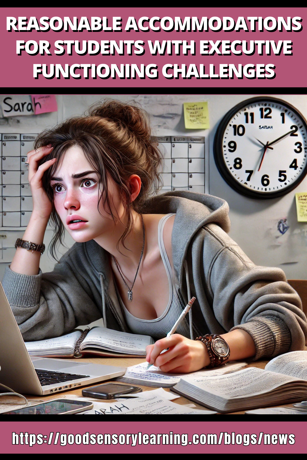 Reasonable accommodations for students with executive functioning challenges shown through an overwhelmed student studying at a desk