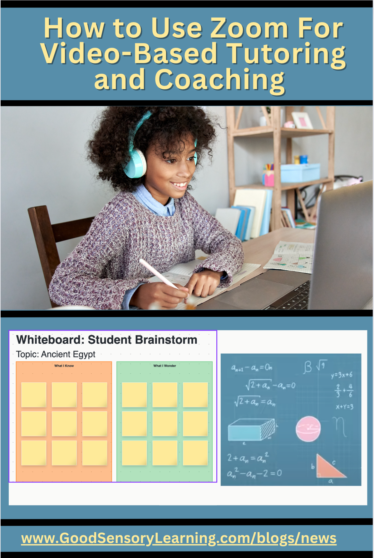 Online tutoring and coaching blog graphic demonstrating Zoom video instruction with interactive whiteboard and student engagement.