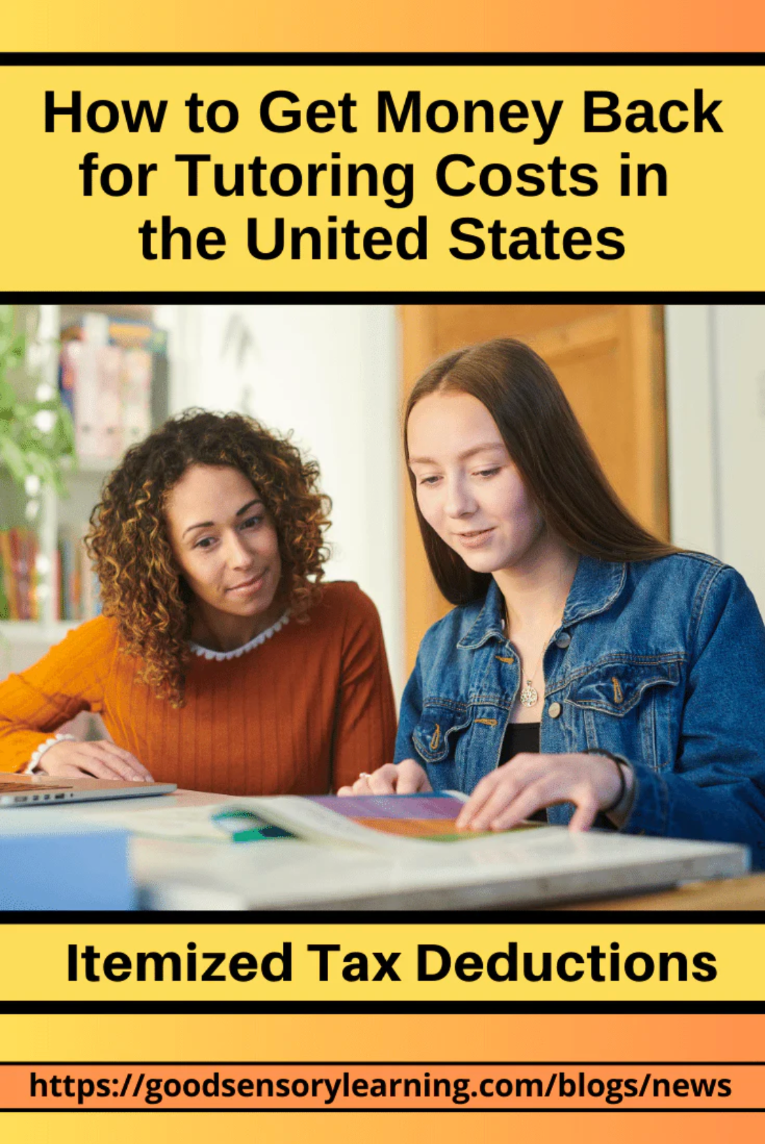 Tutoring tax deduction guide graphic showing a parent and student reviewing materials together, explaining how to get money back for tutoring costs in the United States through itemized tax deductions.