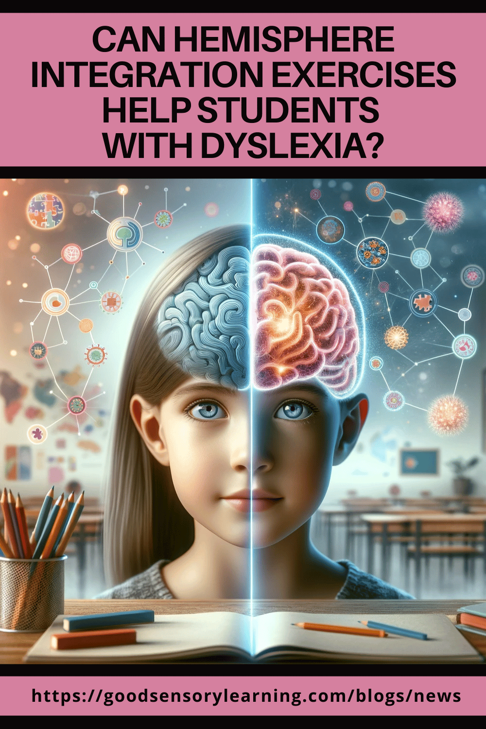 Illustration of a student’s brain showing left and right hemisphere integration in relation to dyslexia learning support.