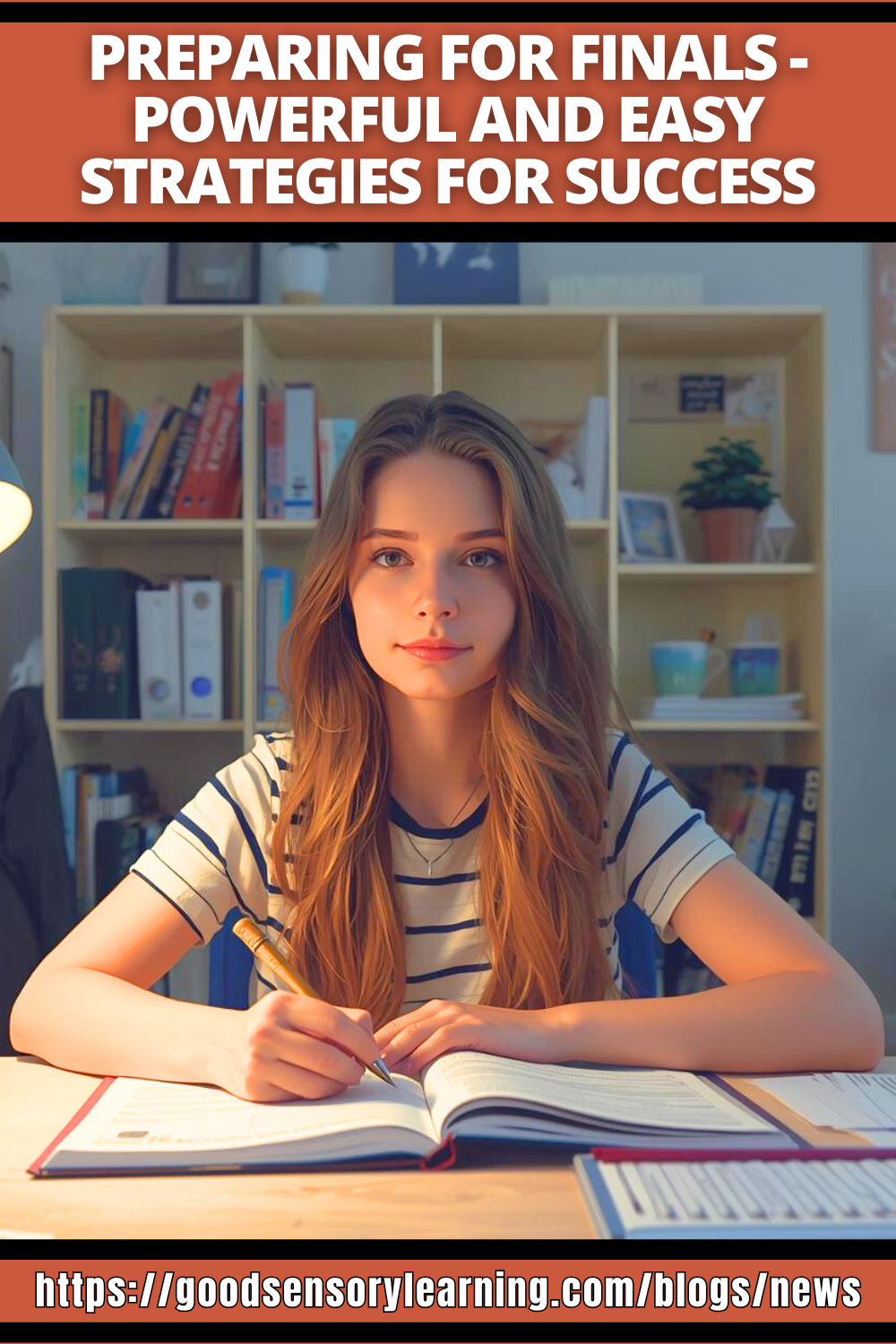 Preparing for finals graphic showing a focused student studying at a desk, highlighting powerful and easy study strategies that support organization, confidence, and academic success