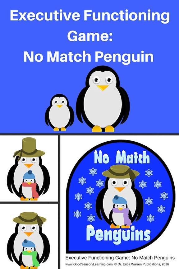 Executive functioning game No Match Penguin featuring penguin characters used to build attention, working memory, and visual discrimination skills