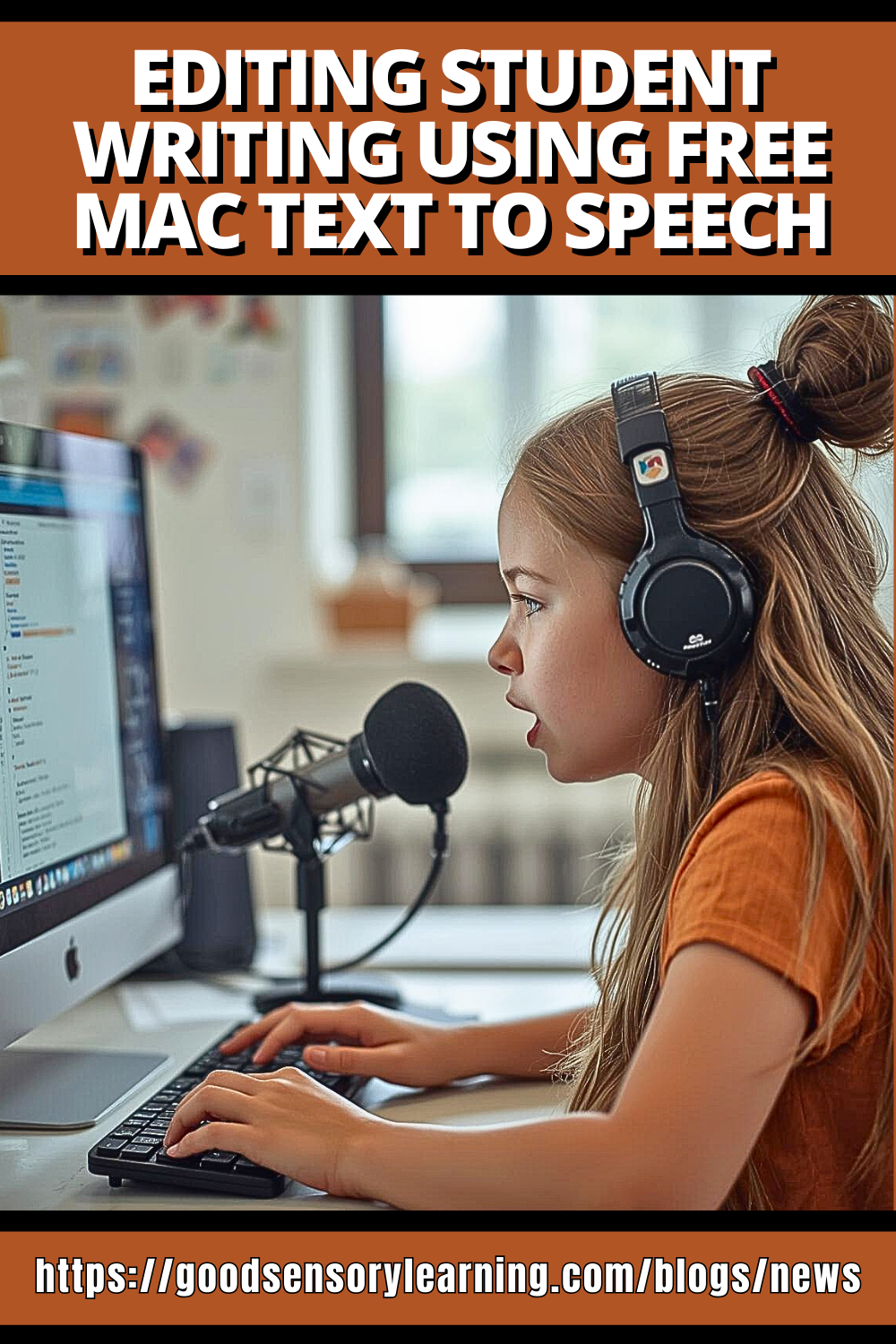 Student editing writing on a Mac computer using free text-to-speech, wearing headphones and speaking into a microphone to support literacy and executive functioning skills.