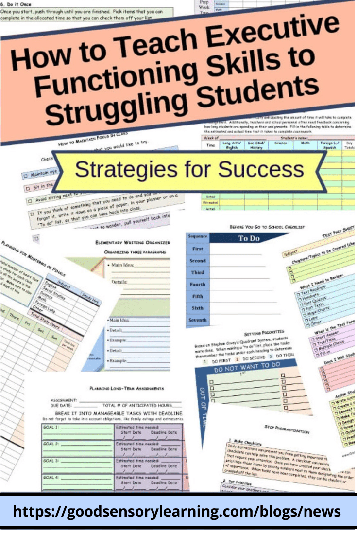 Blog graphic titled “How to Teach Executive Functioning Skills to Struggling Students” featuring printable strategies, checklists, and planning tools.