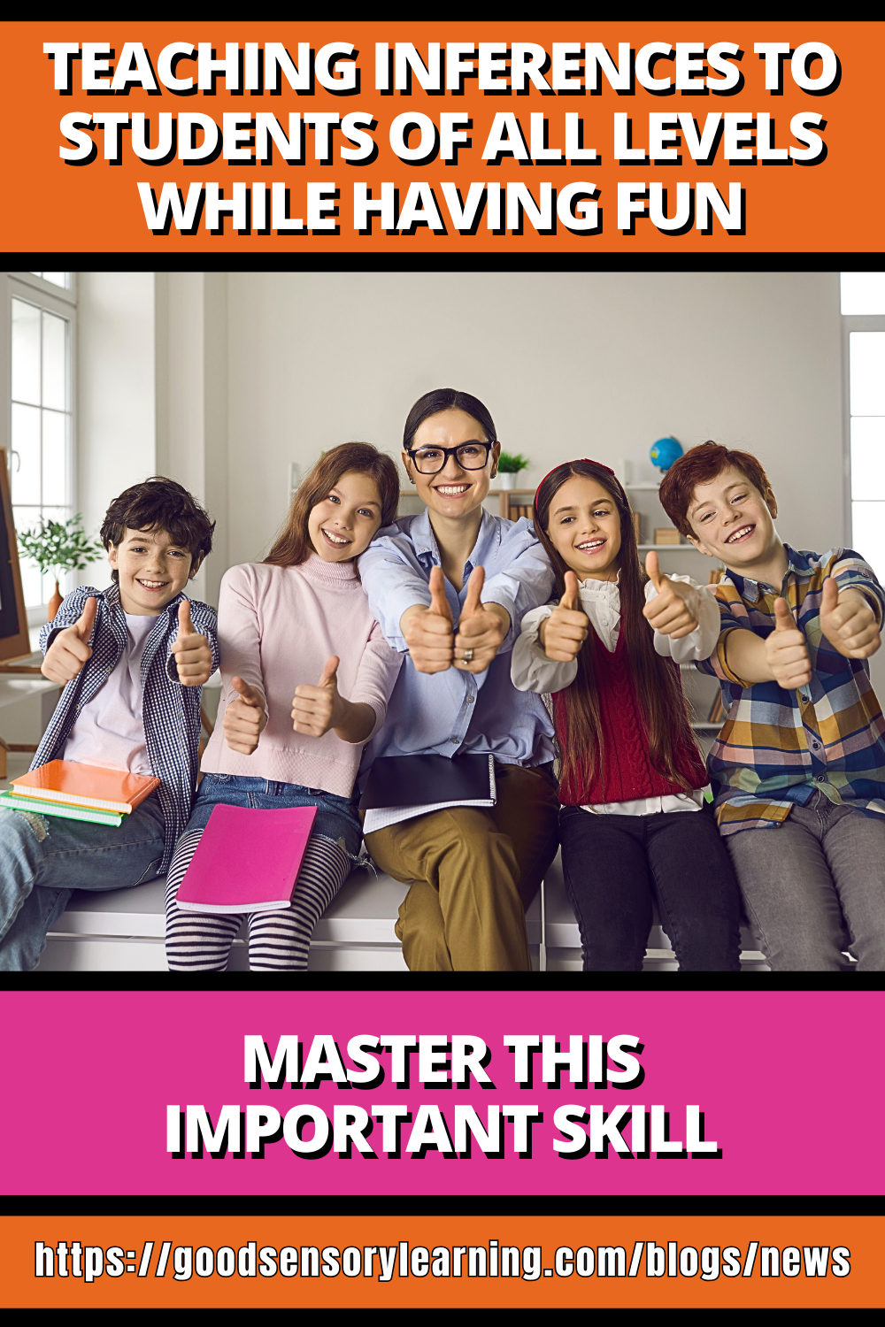 Teacher and diverse group of students giving thumbs up, representing fun and effective strategies for teaching inference skills and mastering implied meaning across all grade levels.