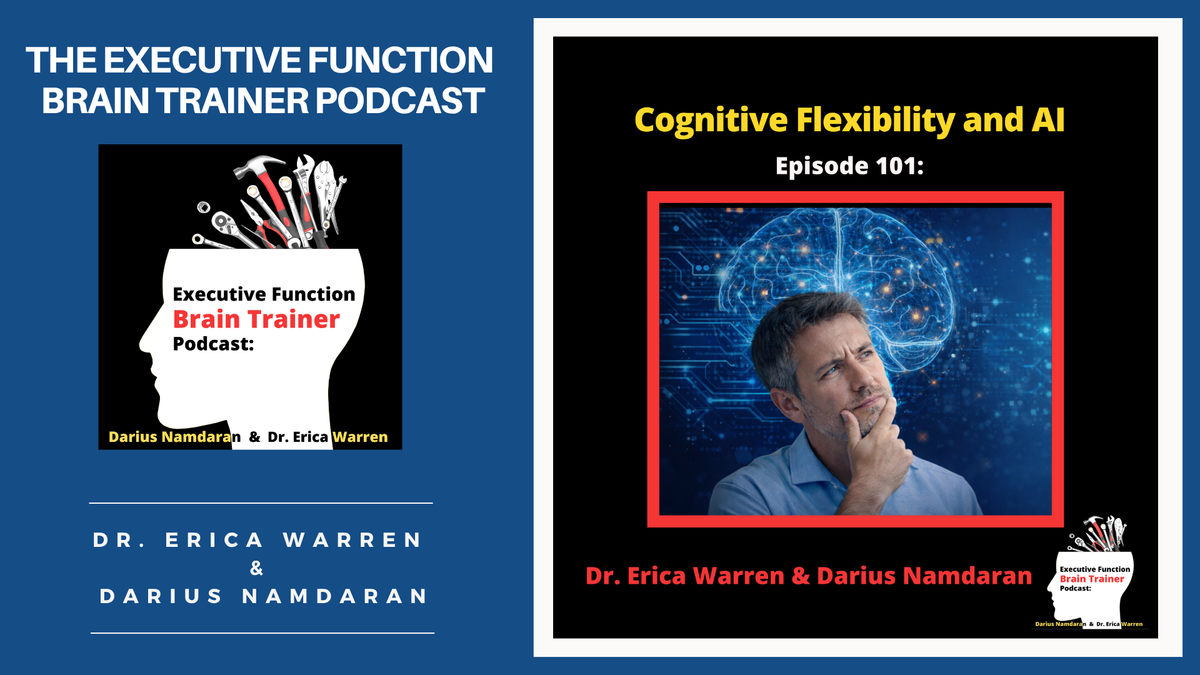 Podcast episode covers for 'The Executive Function Brain Trainer Podcast' with a focus on cognitive flexibility and AI.
