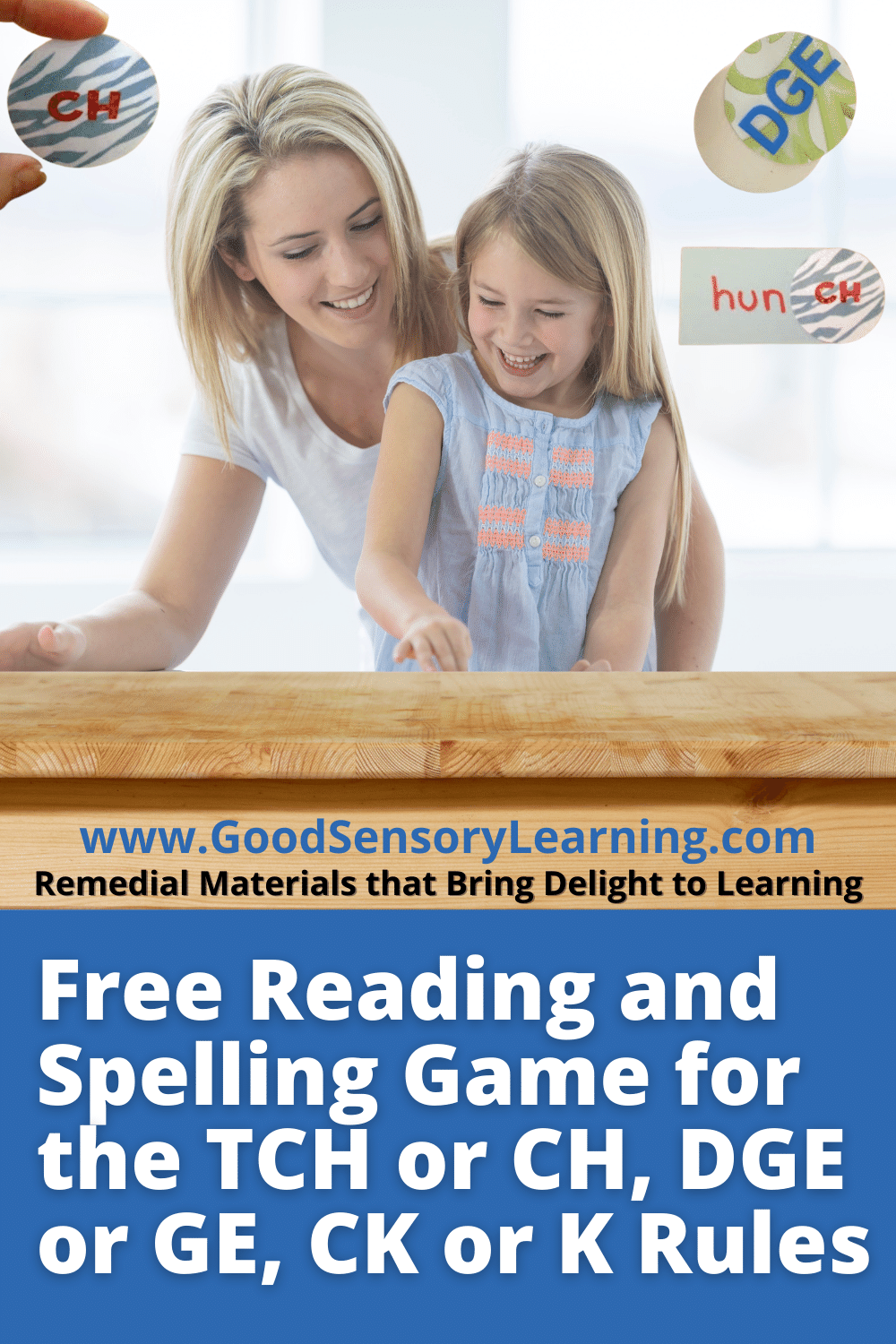 Mother and young child playing a phonics reading and spelling game teaching CH, TCH, CK, K, GE, and DGE spelling rules using multisensory learning activities