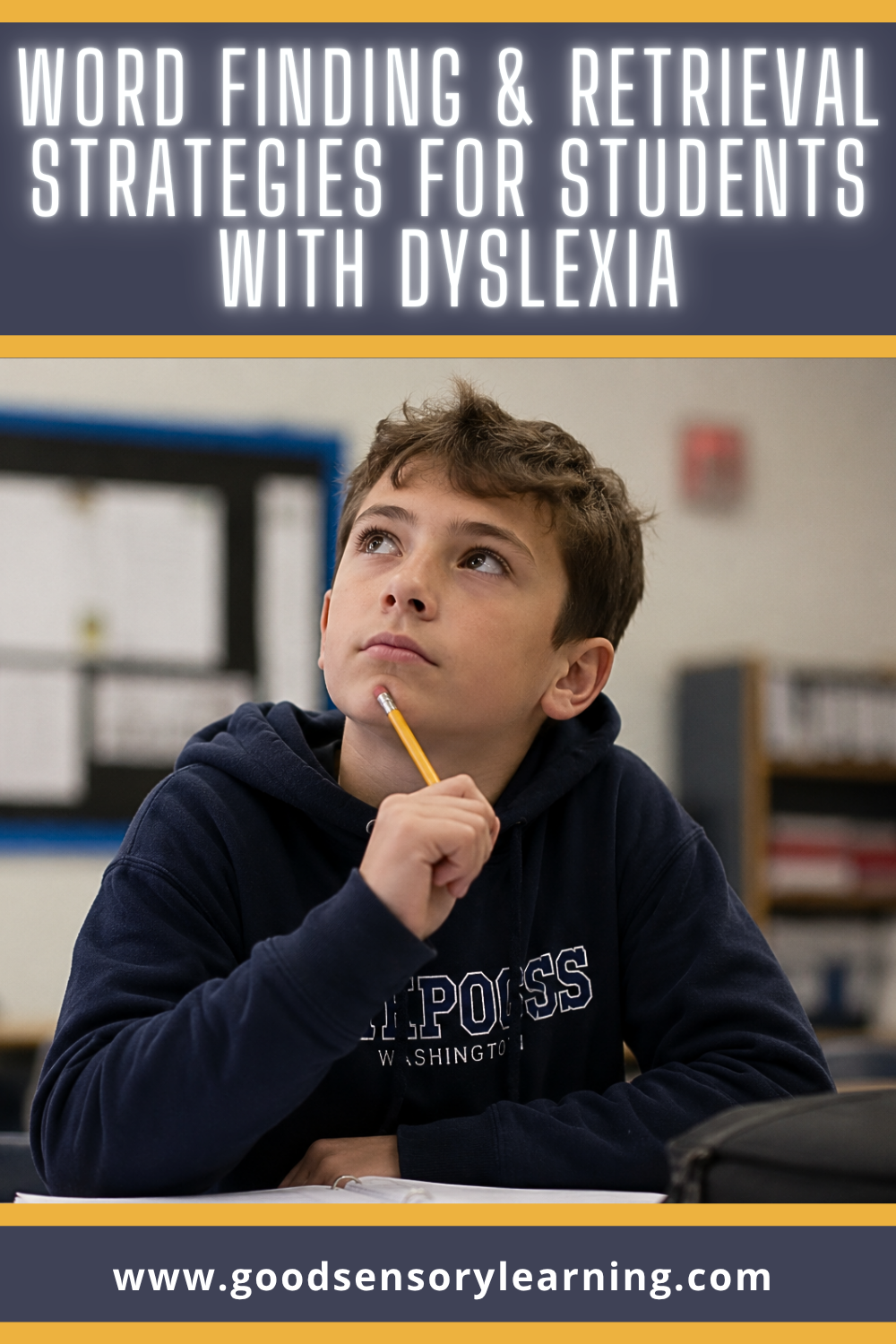 Child thinking thoughtfully while learning word-finding strategies for dyslexic students with anomia