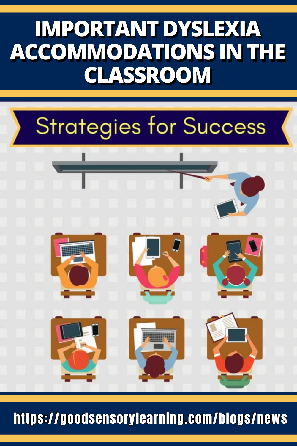 Graphic titled “Important Dyslexia Accommodations in the Classroom” showing students using different learning tools and strategies at their desks.