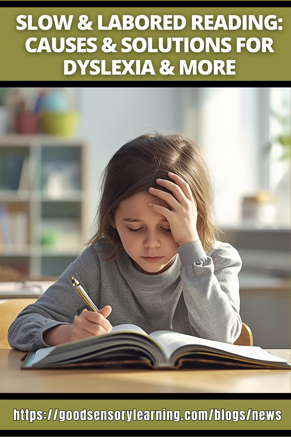 Slow and labored reading blog image showing a young student reading with concentration, illustrating challenges and solutions for dyslexia and other reading difficulties