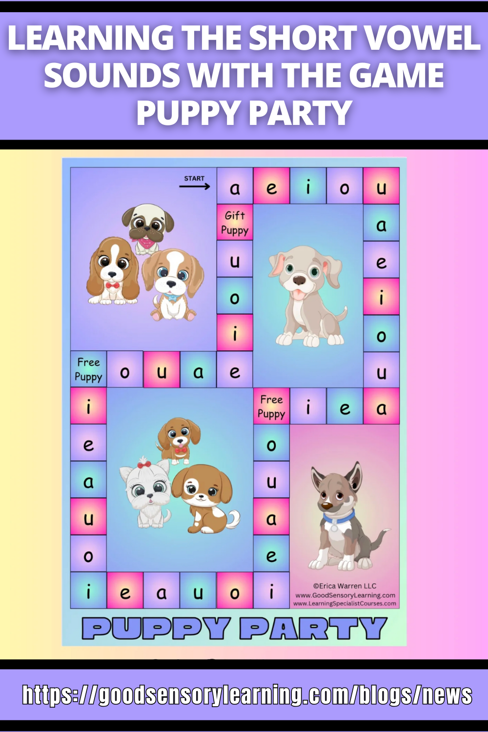 Learning short vowel sounds with Puppy Party phonics board game featuring colorful puppies and vowel tiles for early readers