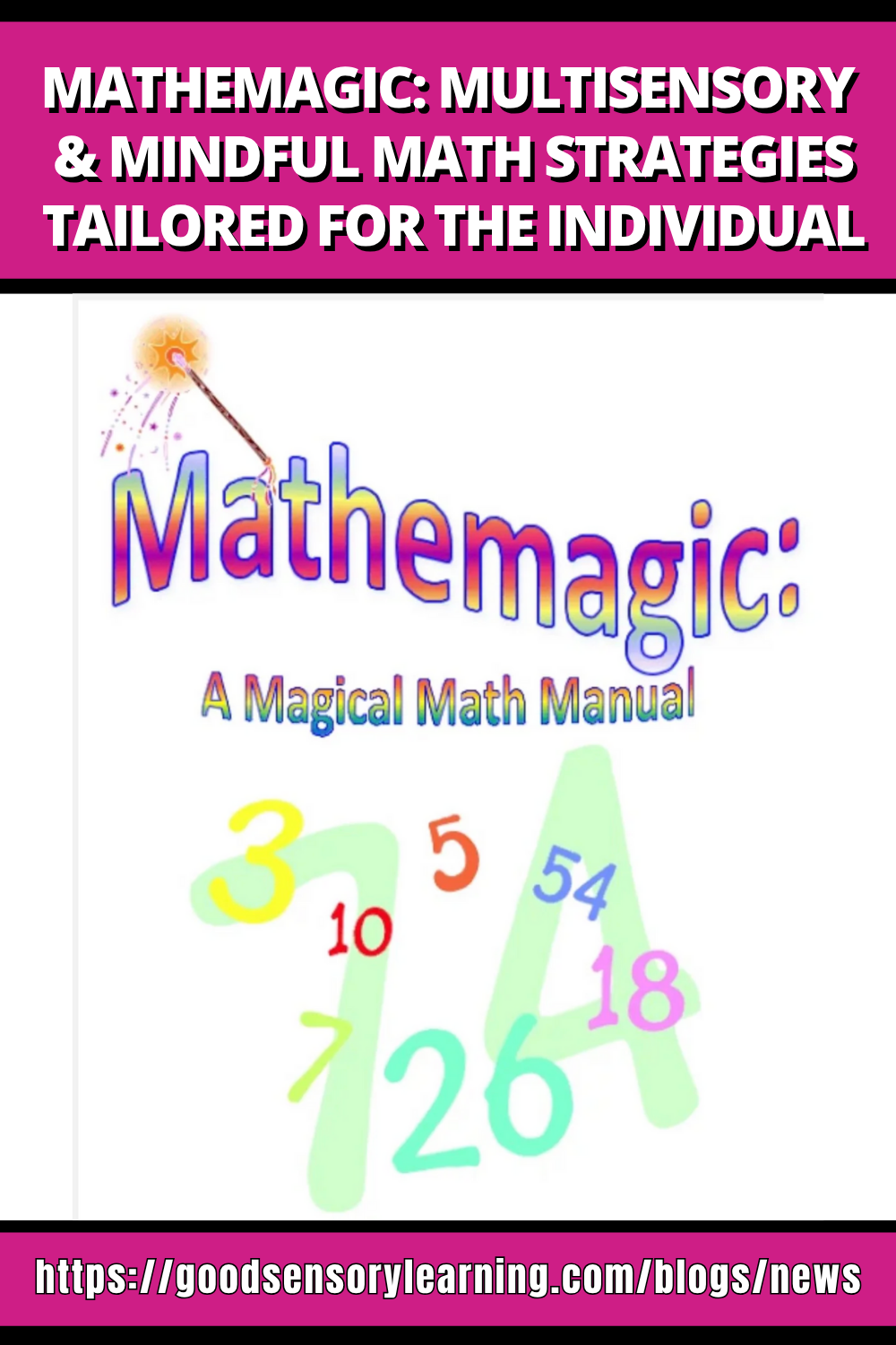 Mathemagic multisensory math strategies graphic featuring a magical math manual with colorful numbers and a wand, highlighting mindful, individualized math instruction.