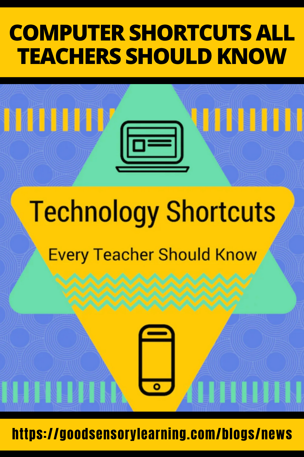 Educational graphic titled “Computer Shortcuts All Teachers Should Know,” highlighting essential technology shortcuts with laptop and smartphone icons