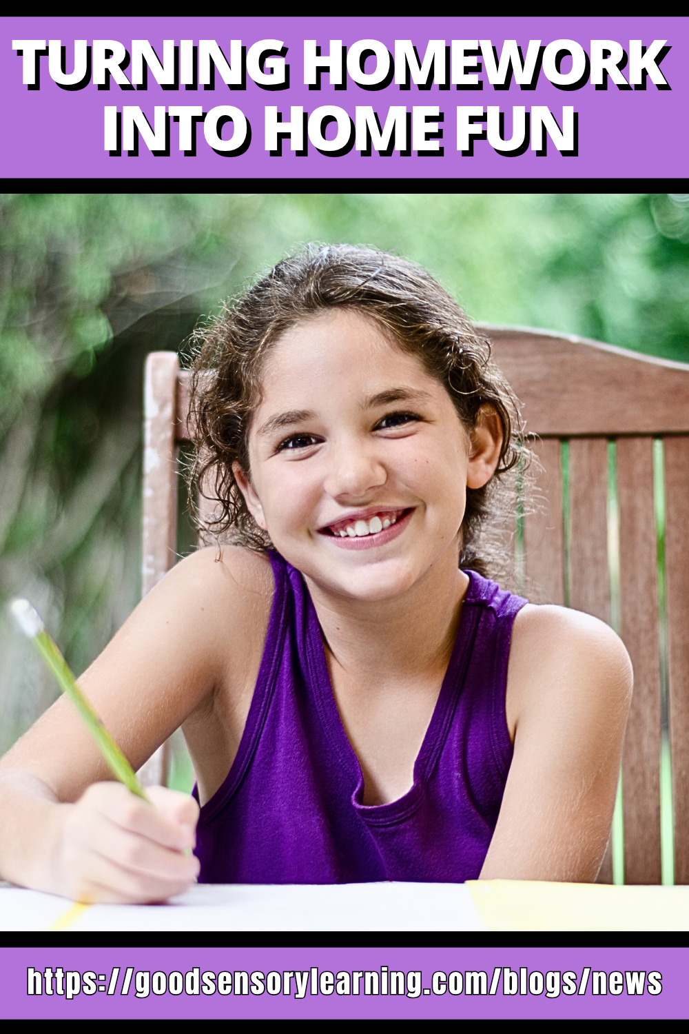 Smiling elementary student writing homework outdoors, illustrating how to make homework fun, engaging, and motivating for young learners.