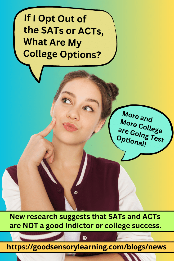 Blog graphic asking “If I opt out of the SATs or ACTs, what are my college options?” highlighting test-optional college admissions.