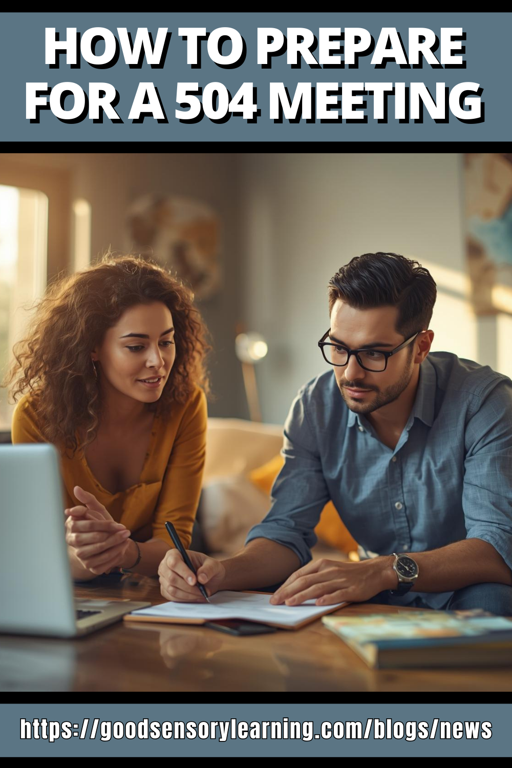 How to prepare for a 504 meeting, showing parents reviewing documents together at a table while planning school accommodations for a student