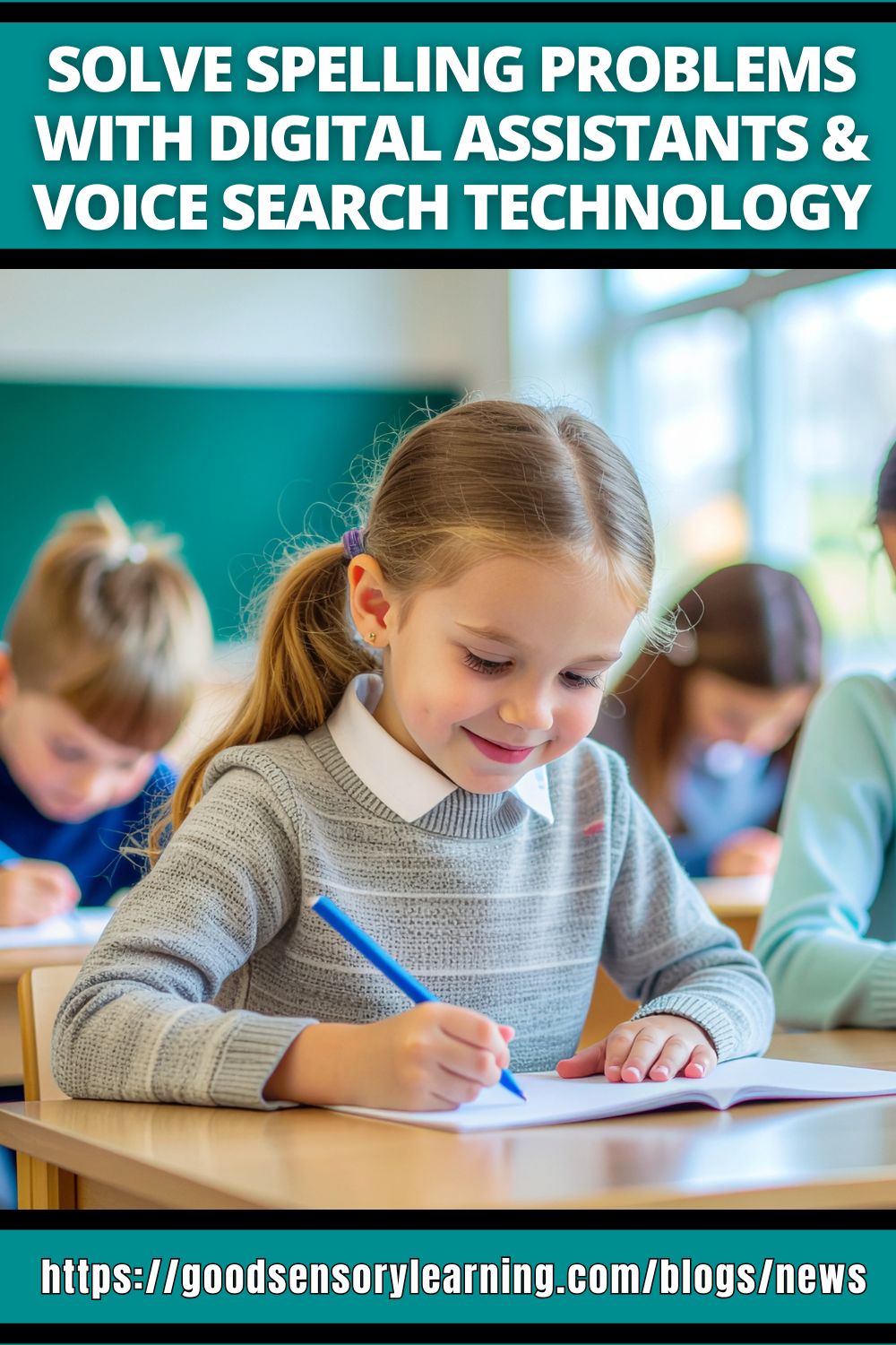 Student practicing spelling in a classroom using writing skills supported by digital assistants and voice search technology