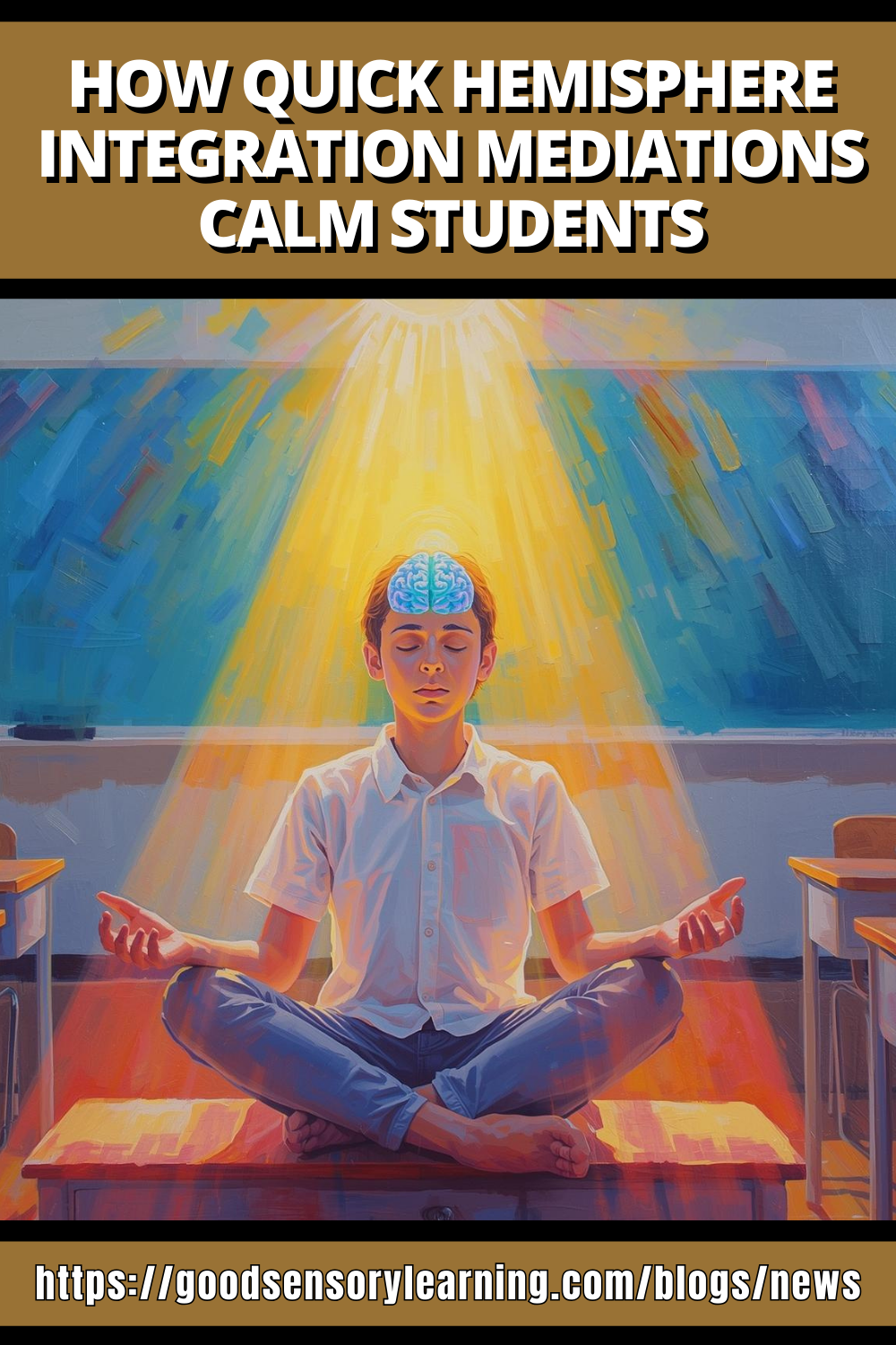 Hemisphere integration meditation graphic showing a calm student seated cross-legged in a classroom with brain imagery and light rays, illustrating how quick hemisphere integration mediations help calm and regulate students.