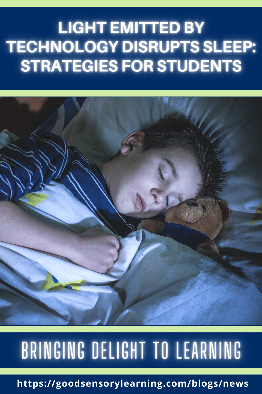 Child sleeping peacefully with a teddy bear, illustrating how reducing technology light exposure can support healthy sleep and learning for students