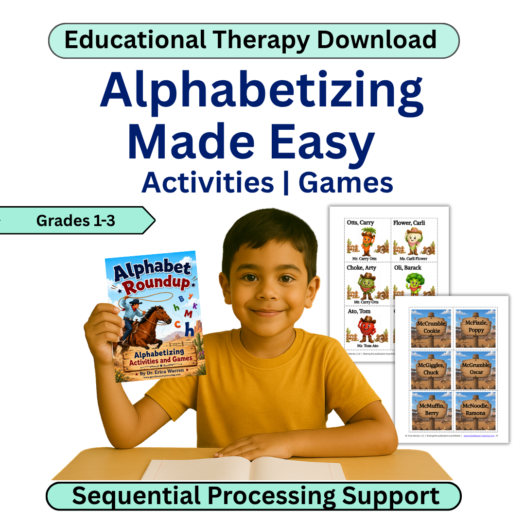 Educational therapy download for alphabetizing activities with a child holding a book.