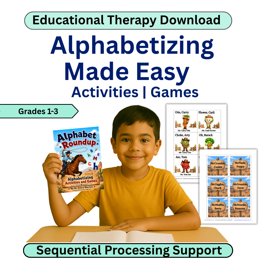 Educational therapy download for alphabetizing activities with a child holding a book.