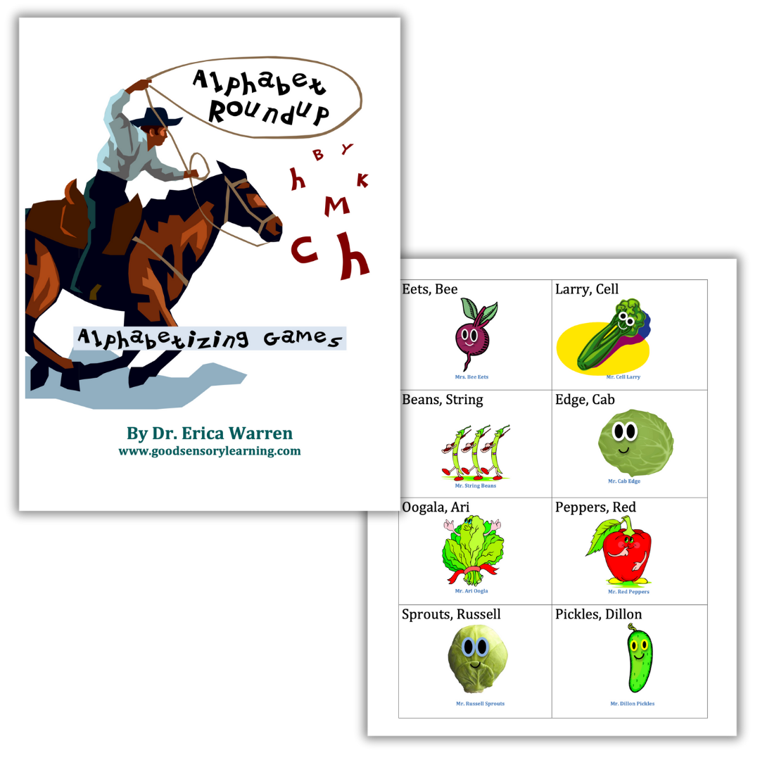 Alphabet Roundup game image of a cowboy rounding up numbers and a sample page of personified vegetables.