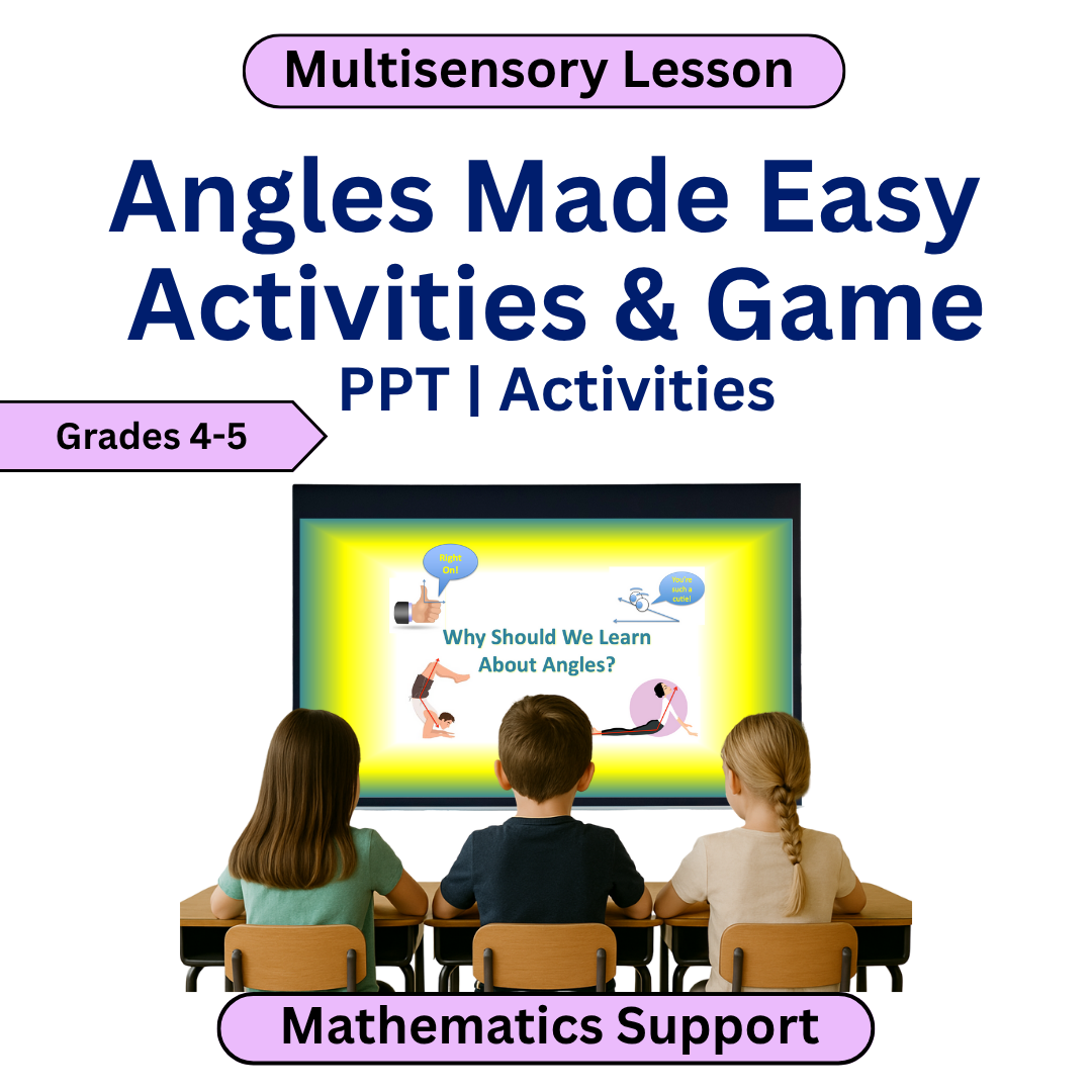 Cover of educational material titled 'Angles Made Easy Activities & Game' for grades 4-5, featuring a classroom scene with children watching a presentation on a screen.