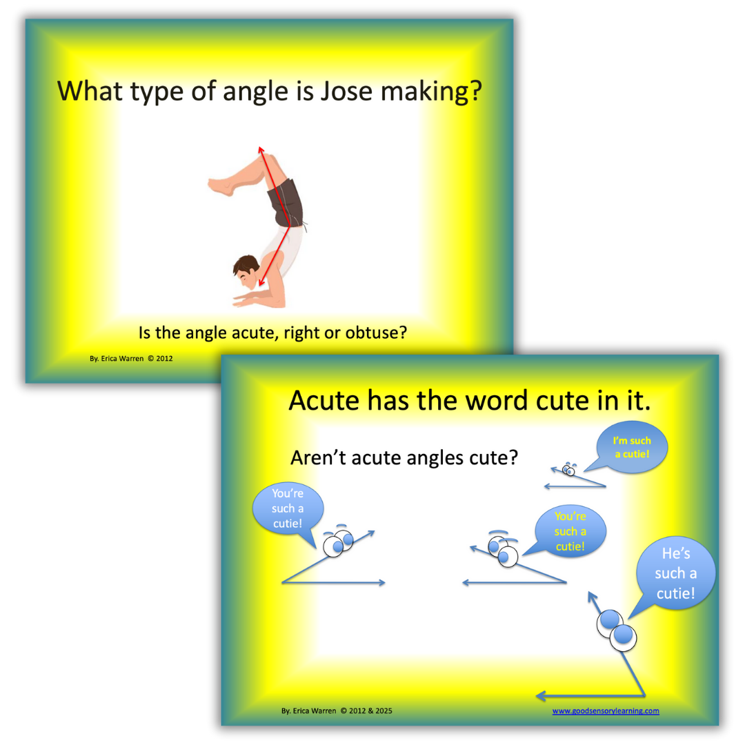 Sample slides of a man doing angles with his body and personified cute angles.