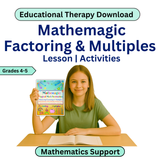 Girl holding a Mathemagic book with text about educational therapy download for factoring and multiples.