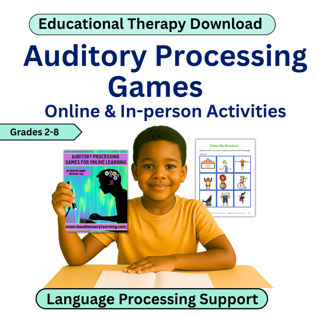 Child holding an educational book titled 'Auditory Processing Games' with text about online and in-person activities.