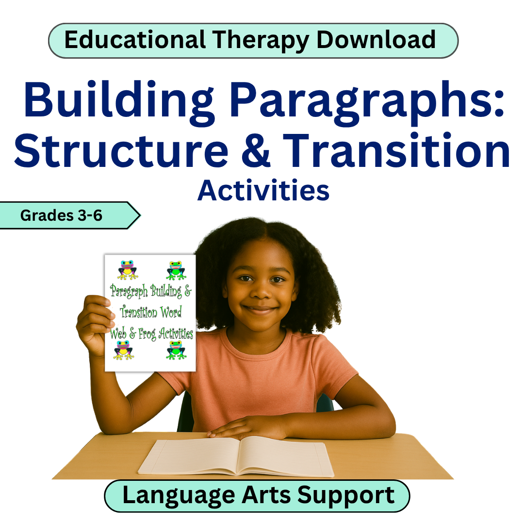 Book cover of 'Building Paragraphs: Structure & Transition Activities' with a child holding a book titled 'Paragraph Building & Transition Word Web & Prog Activities'.