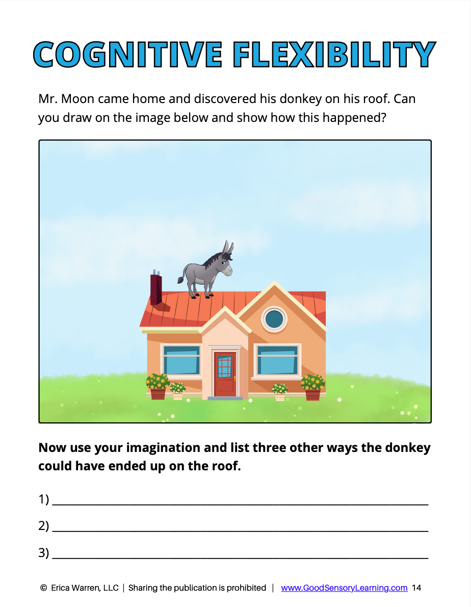 Worksheet on cognitive flexibility with a donkey on a roof and space for imagination.