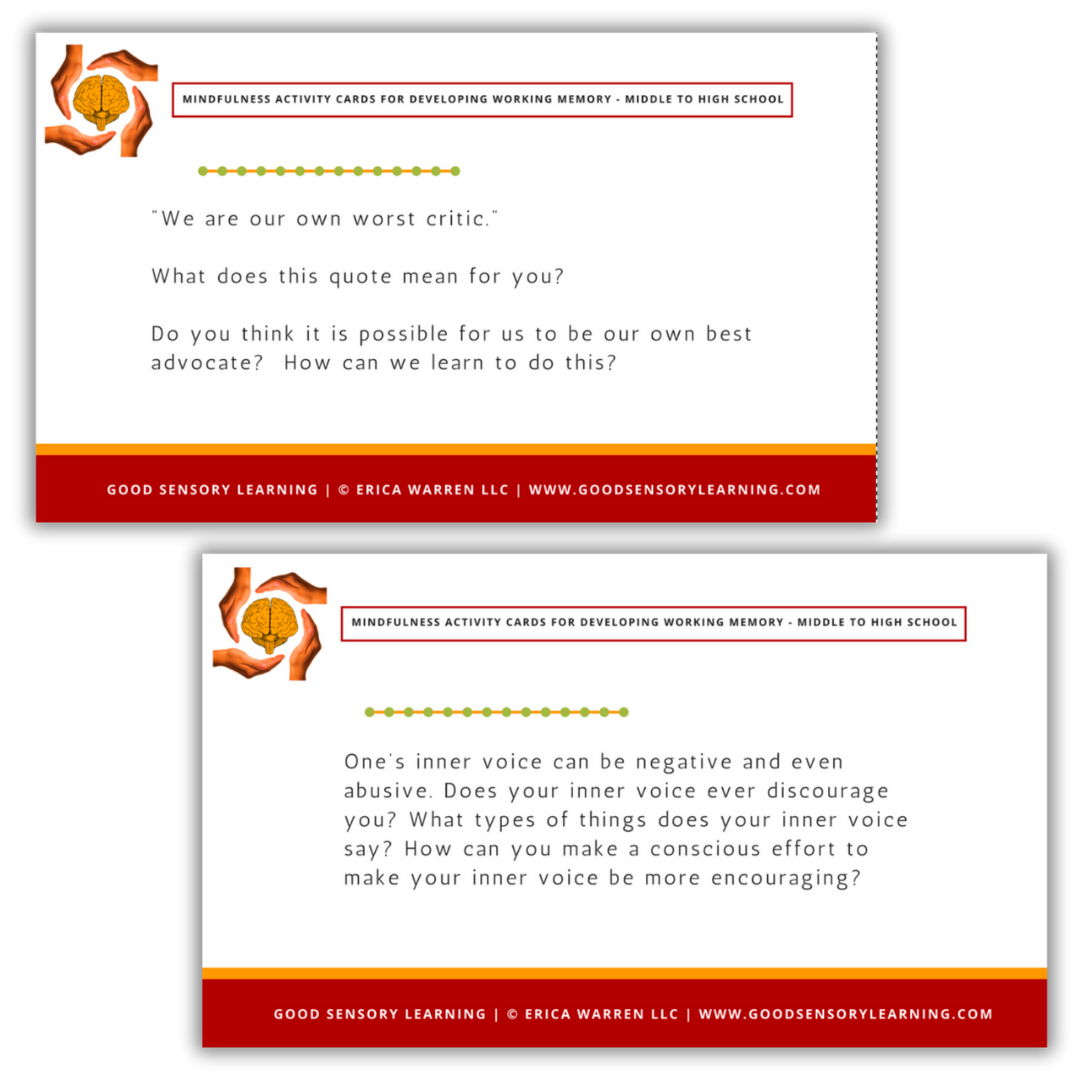 Sample activity cards for improved working memory