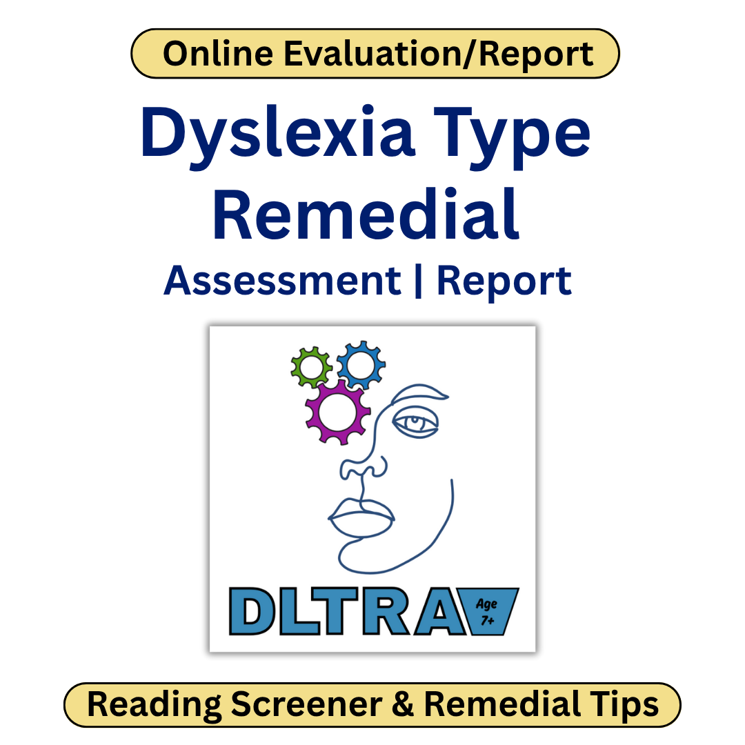 Cover of a Dyslexia Type Remedial Assessment Report with DLTRA logo on a white background