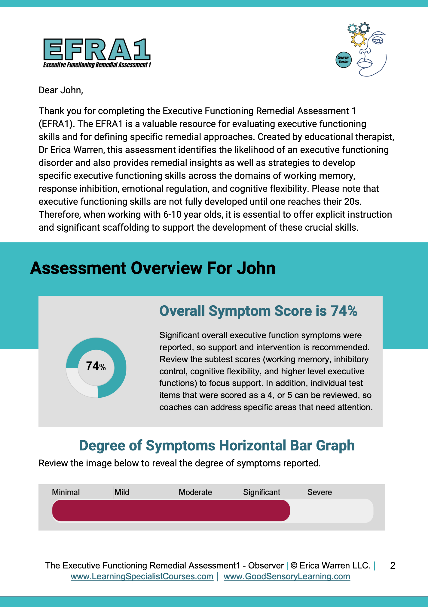 EFRA1 executive functioning assessment sample page of overall score