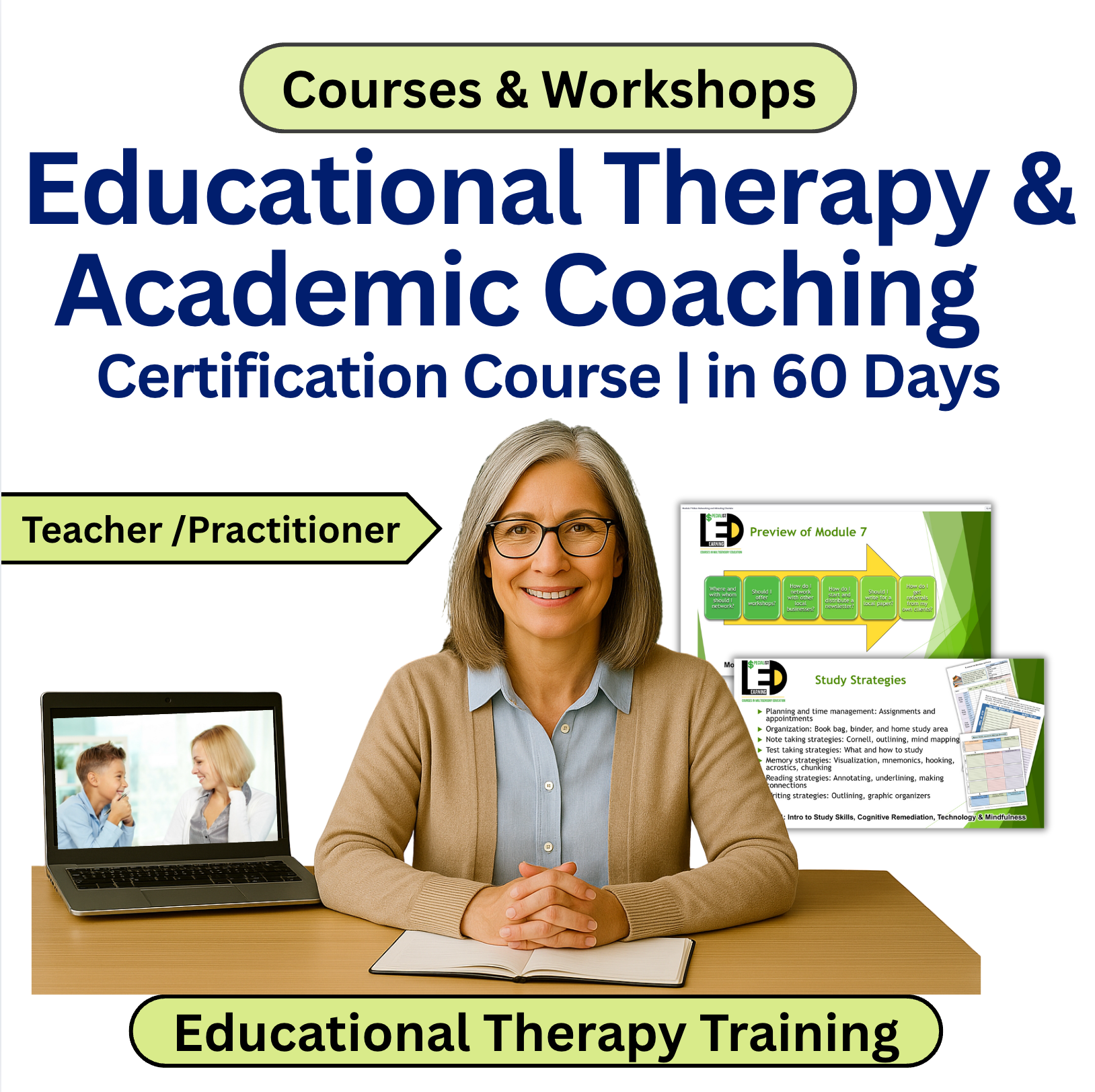 Advertisement for educational therapy and academic coaching certification course with a woman at a desk.