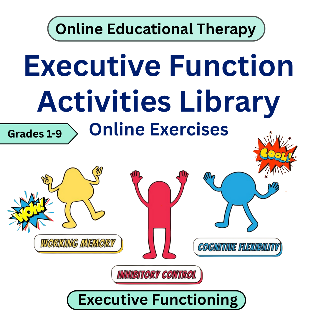Cover of 'Executive Function Activities Library' with colorful characters and text on a white background