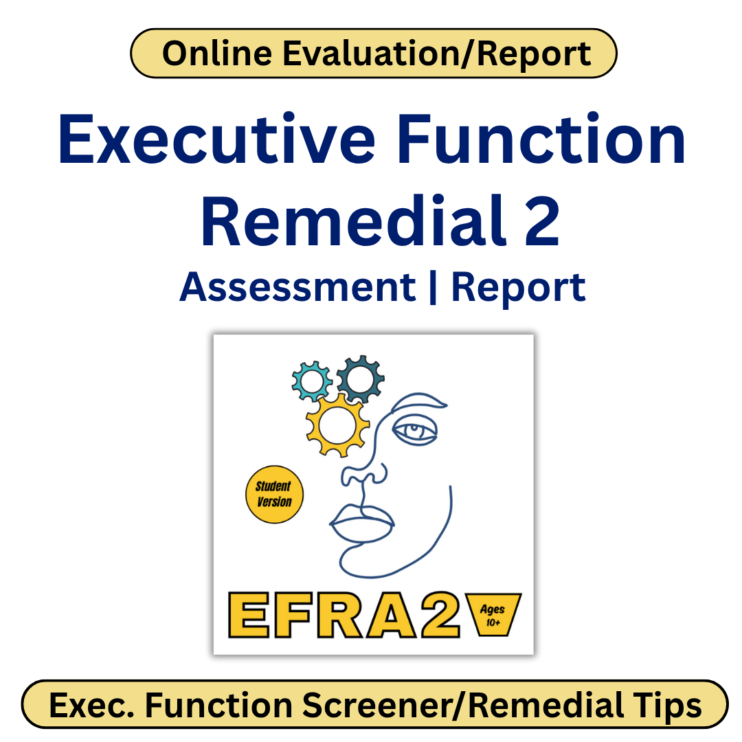 Cover of 'Executive Function Remedial 2' assessment report with a stylized face and gears on a white background.