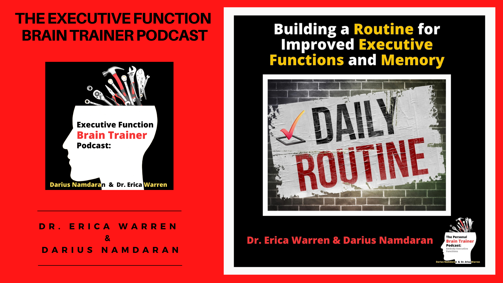Podcast illustration with text and images related to executive function training and routines.